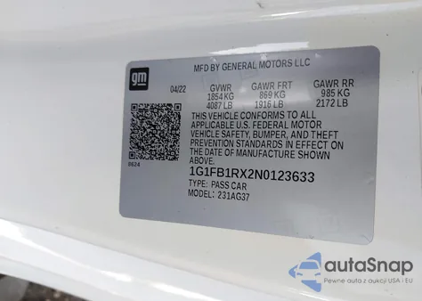 2022 Chevrolet Camaro Rwd 1Ls z USA, uszkodzony, nr VIN 1G1FB1RX2N0123633